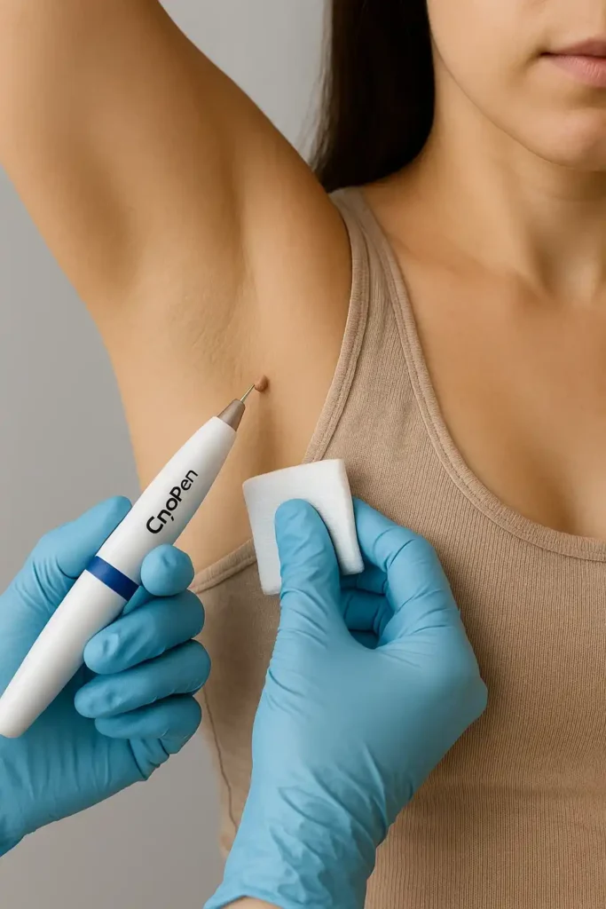 woman having cryopen to remove underarm skin tags Dunchurch