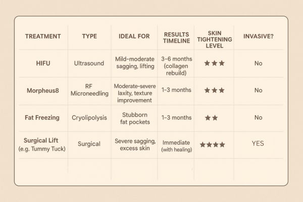 Table showing the comparisons of Skin tightening Dunchurch treatment options. 